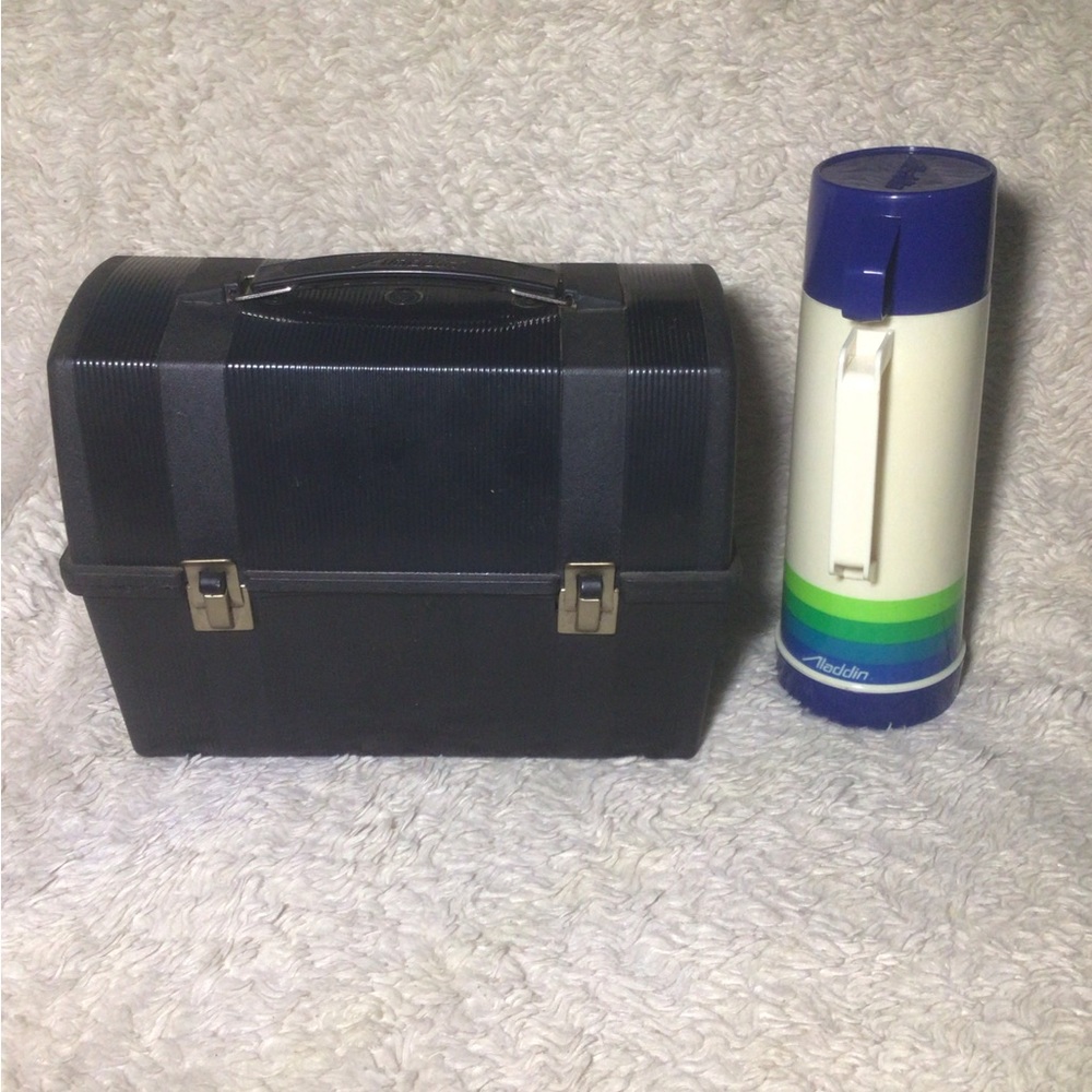 Vintage Aladdin Black Plastic Lunchbox Blue Green White Pint Thermos Bottle￼
